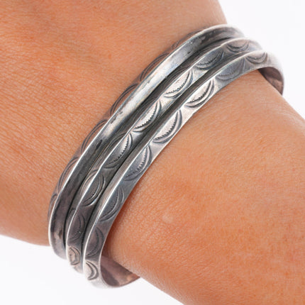 6.6" Vintage Navajo deep stamped sterling silver triple carinated cuff bracelet