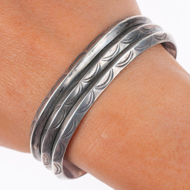 6.6" Vintage Navajo deep stamped sterling silver triple carinated cuff bracelet