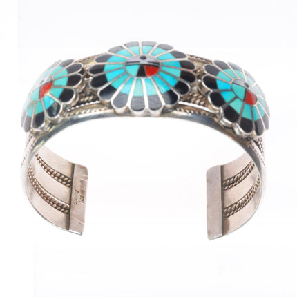 6.6" vintage Zuni/Navajo sterling silver turquoise sunface inlay cuff bracelet