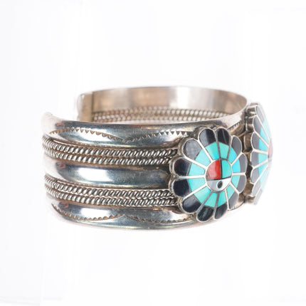 6.6" vintage Zuni/Navajo sterling silver turquoise sunface inlay cuff bracelet