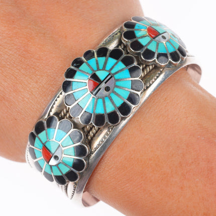 6.6" vintage Zuni/Navajo sterling silver turquoise sunface inlay cuff bracelet