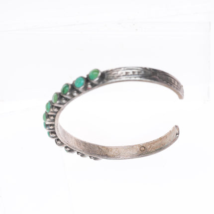 6" 1930's Zuni snake eye turquoise stamped sides cuff bracelet sterling silver