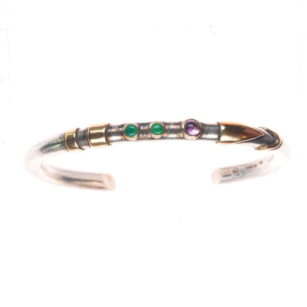 6.1" retro 14k gold/Sterling silver Emerald/Amethyst modernist cuff bracelet