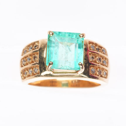 sz6 retro 14k yellow gold gold pastel Columbian emerald 18 diamond women's ring