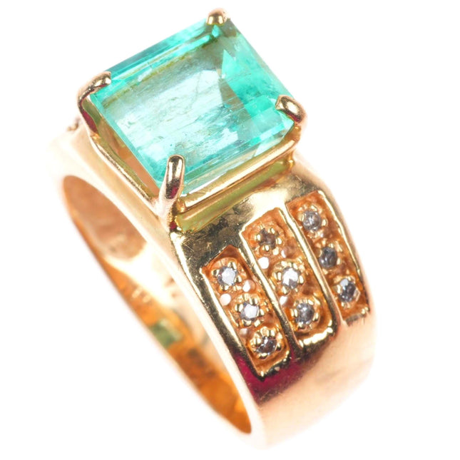 sz6 retro 14k yellow gold gold pastel Columbian emerald 18 diamond women's ring