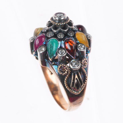 sz5.5 14k yellow gold diamond, emerald ruby, jade, garnet Thai princess ring