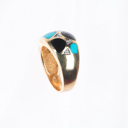 sz7 retro 14k yellow gold, diamond, turquoise, onyx inlay size 7 women's ring