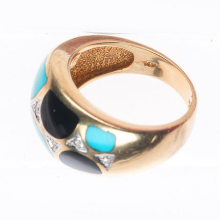 sz7 retro 14k yellow gold, diamond, turquoise, onyx inlay size 7 women's ring