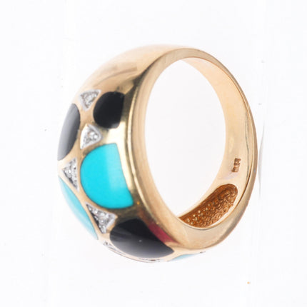 sz7 retro 14k yellow gold, diamond, turquoise, onyx inlay size 7 women's ring