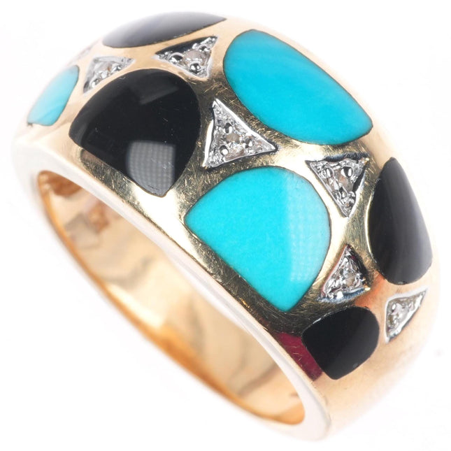 sz7 retro 14k yellow gold, diamond, turquoise, onyx inlay size 7 women's ring