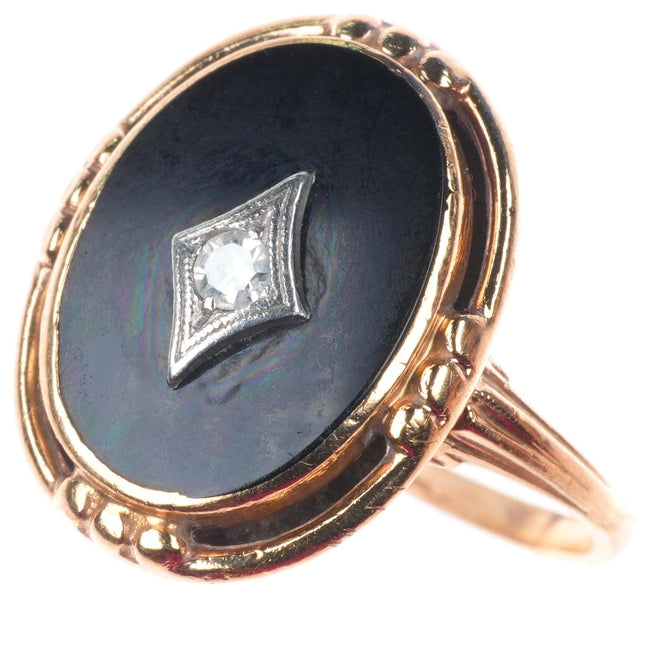 sz7.5 Antique 14k yellow gold diamond, platinum onyx women's size 7.5 ring