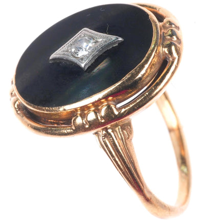 sz7.5 Antique 14k yellow gold diamond, platinum onyx women's size 7.5 ring