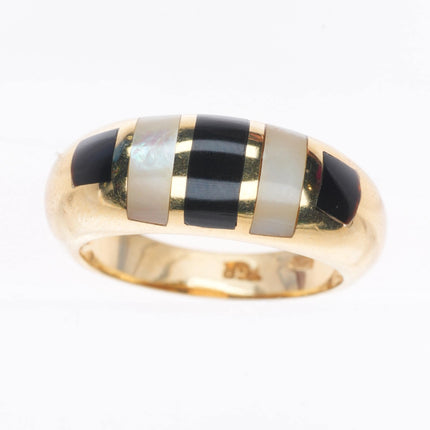 sz7.5 retro 14k yellow gold onyx/shell size 7.5 women's ring zebra stripes