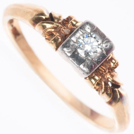 sz6 Antique 14k yellow gold 18k white gold diamond solitaire size 6 women's ring
