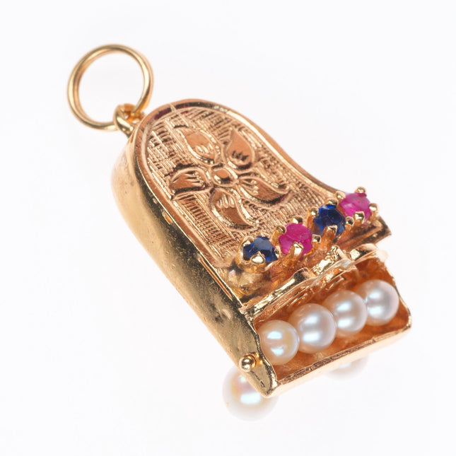 vintage 14k yellow gold sapphire, ruby, pearls grand piano charm/pendant
