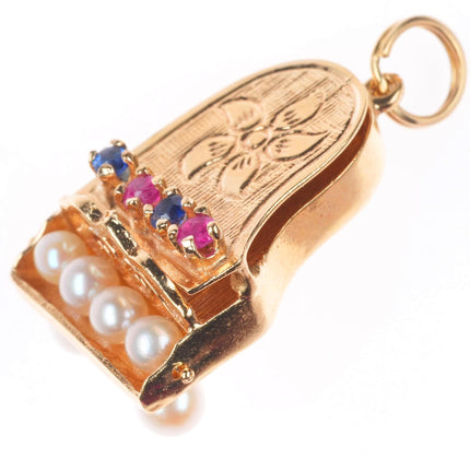 vintage 14k yellow gold sapphire, ruby, pearls grand piano charm/pendant