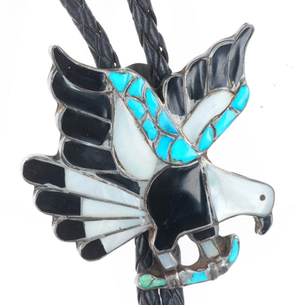 c1960 c-31 vintage Zuni sterling silver eagle bolo tie with fancy dangle tips