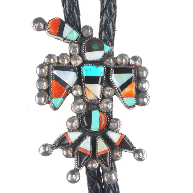 c1950 Vintage Zuni sterling silver channel inlay thunderbird bolo tie fancy tips