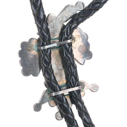 c1950 Vintage Zuni sterling silver channel inlay thunderbird bolo tie fancy tips