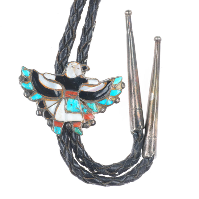 c1950 Vintage Zuni sterling silver channel inlay eagle dancer bolo tie