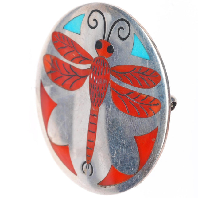 Rudell & Nancy Laconsello Zuni sterling silver coral dragonfly inlay pin/pendant