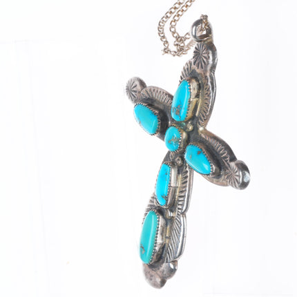 Big vintage Horace Iule Zuni filed/cast sterling silver turquoise cross pendant