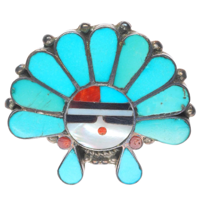 Vintage Zuni sterling silver turquoise/coral inlay chief pendant pin/brooch
