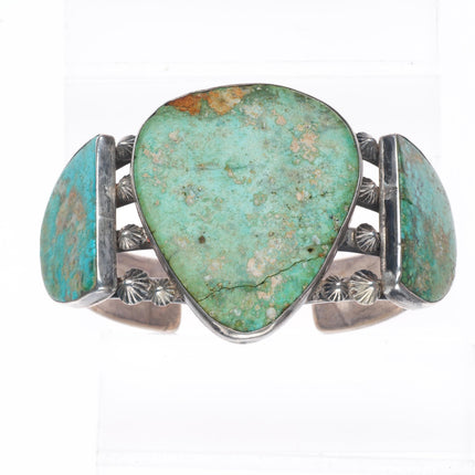 7.25" c1940 Navajo big sterling silver 3 stone turquoise cuff bracelet