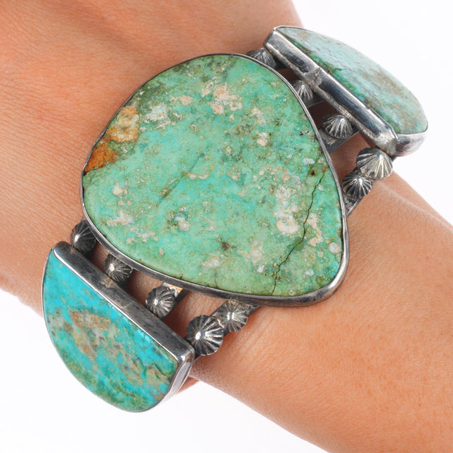 7.25" c1940 Navajo big sterling silver 3 stone turquoise cuff bracelet