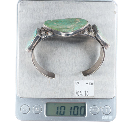 7.25" c1940 Navajo big sterling silver 3 stone turquoise cuff bracelet