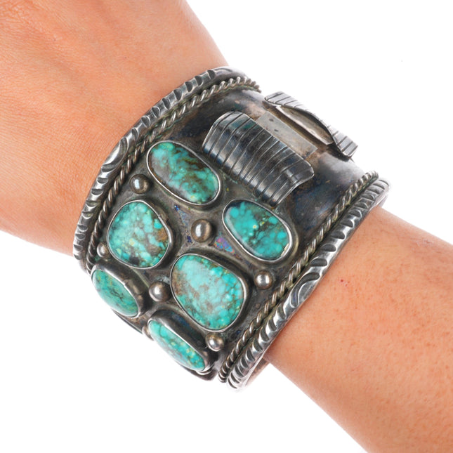 7.4" Huge vintage Navajo sterling silver turquoise nugget watch cuff bracelet