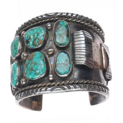 7.4" Huge vintage Navajo sterling silver turquoise nugget watch cuff bracelet