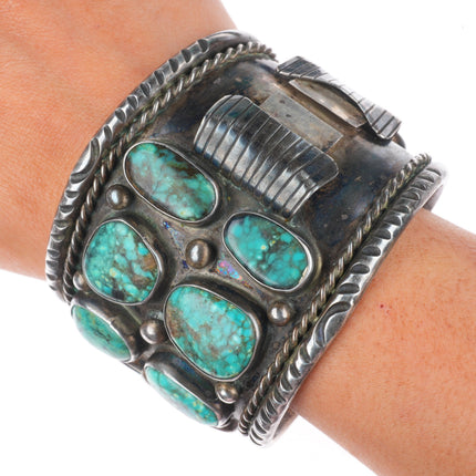 7.4" Huge vintage Navajo sterling silver turquoise nugget watch cuff bracelet
