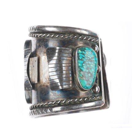 7.4" Huge vintage Navajo sterling silver turquoise nugget watch cuff bracelet