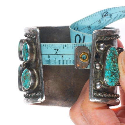 7.4" Huge vintage Navajo sterling silver turquoise nugget watch cuff bracelet