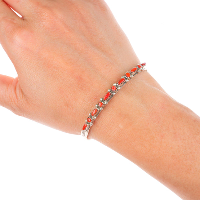 6.25" Vintage Zuni sterling silver red coral Dot-Dot-Dash Cuff bracelet