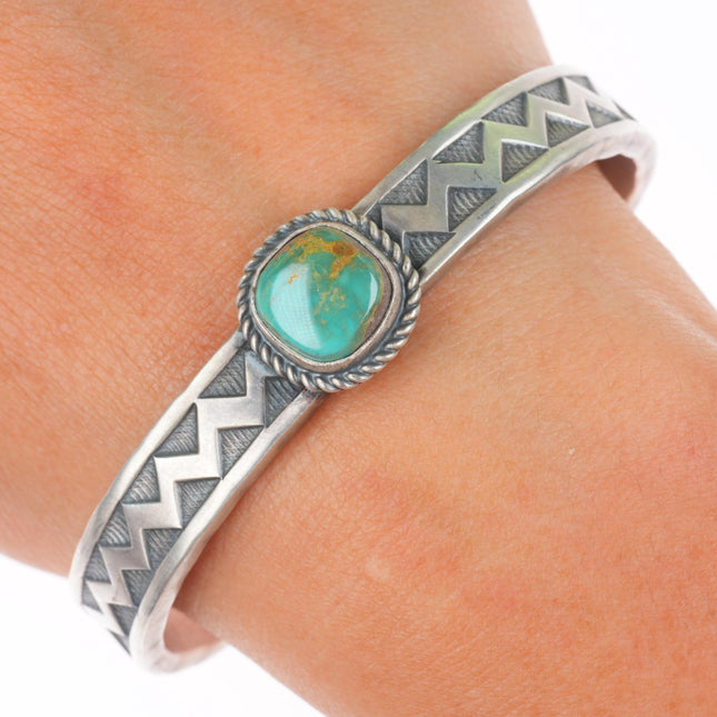 6.5" Ronald Tom Navajo sterling silver stamped Royston turquoise cuff bracelet