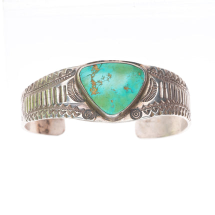 6.25" Antique Navajo c1920's Ingot silver deep stamped cuff bracelet w/turquoise