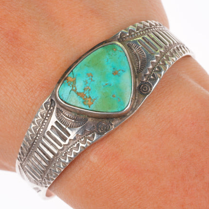 6.25" Antique Navajo c1920's Ingot silver deep stamped cuff bracelet w/turquoise
