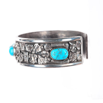6.6" Vintage Navajo brutalist sterling silver cuff bracelet with turquoise