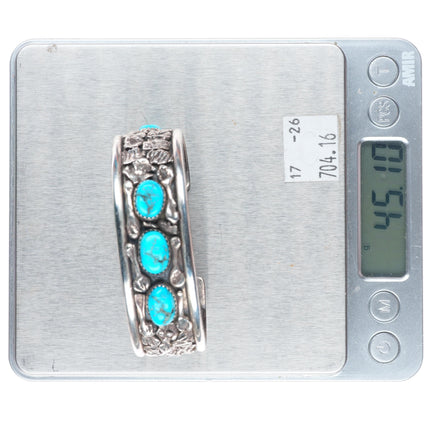 6.6" Vintage Navajo brutalist sterling silver cuff bracelet with turquoise