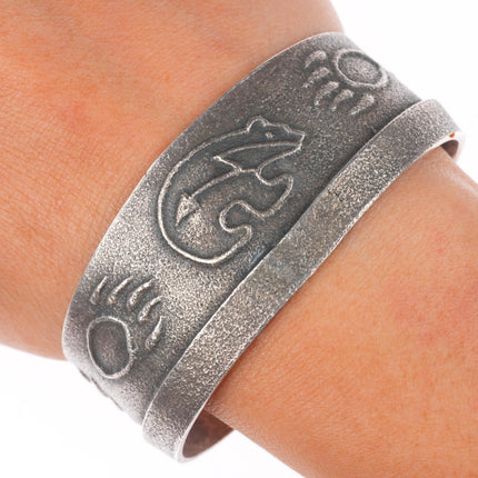 6.5" Vintage Navajo Tufa Cast sterling silver spirit bear cuff bracelet