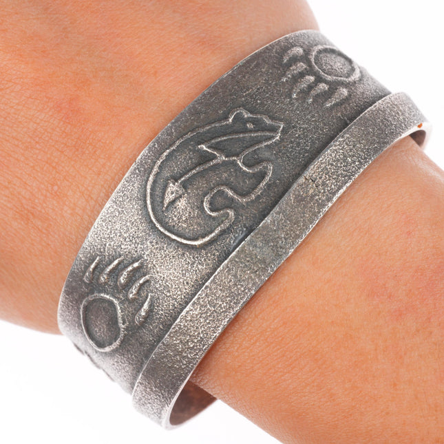 6.5" Vintage Navajo Tufa Cast sterling silver spirit bear cuff bracelet