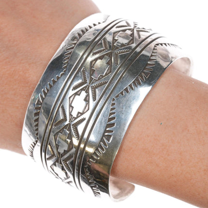 7.625" Rick Enriquez Navajo sterling heavily stamped silver wide cuff bracelet