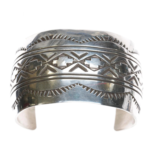 7.625" Rick Enriquez Navajo sterling heavily stamped silver wide cuff bracelet
