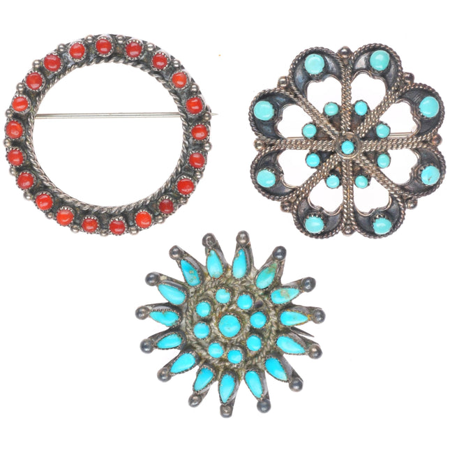 Vintage Zuni sterling silver snake eye/petit point turquoise/coral pins/brooch