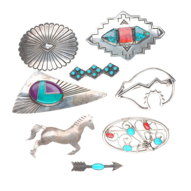 Vintage Navajo sterling silver, turquoise, coral brooch/pin lot collection