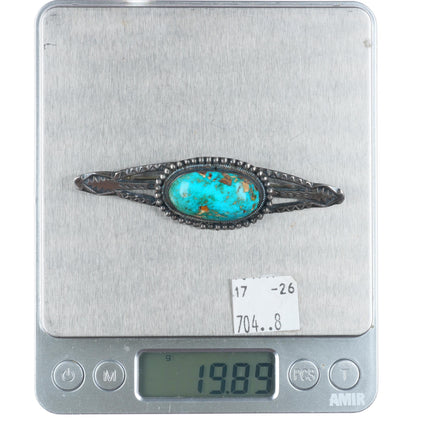 30's-40's Vintage Navajo high grade turquoise stamped sterling silver pin/brooch