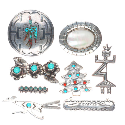 Vintage Navajo sterling silver turquoise, figural/cast brooch/pin lot collection