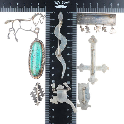 Vintage Navajo sterling silver turquoise figural/cross brooch/pin lot collection